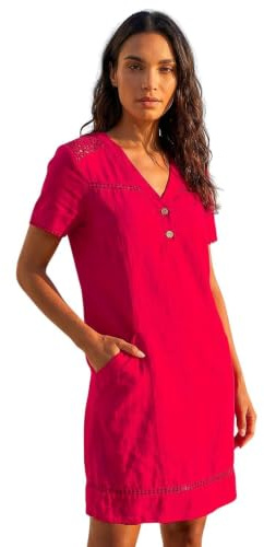 Roman Originals Linen Mix Button Shift Dress for Women UK - Ladies Everyday Holiday Spring Summer Notch Neckline Comfy Soft Evening Vacation Work Party - Red - Size 16