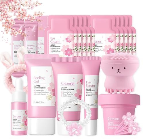 Sakura Gesichtspflege Skincare Set 21pcs, Pflegeset Damen Skin Care, Feuchtigkeit Geschenke Set für Frauen Hautpflege, Beauty Set Teenager Mädchen mit Reiniger, Creme, Serum, Toner, Mask, Peeling Gel