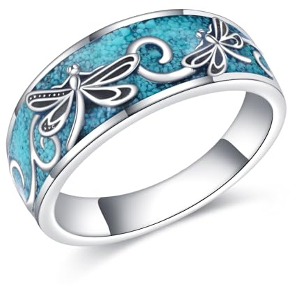 YAFEINI Anelli da donna con libellula in argento Sterling 925 con turchese e albero della vita, gioielli turchesi, gioielli con libellula, regalo di compleanno per donne e uomini