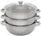 JJsdwin Olla de vapor de acero inoxidable de 3 niveles, 28 cm, con tapa de cristal, apta para lavavajillas, olla de vapor para cocina de inducción, cocinas eléctricas de cerámica, color plateado