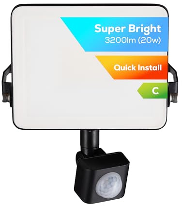TCP 20W LED Security Floodlight w PIR Sensor, Outdoor, Bright 3200lm, Cool White 4000K, IP44 Waterproof, Easy Install Long Adjustable Bracket, Easy Push Connector, Enery Class C, No Plug Garage Garden