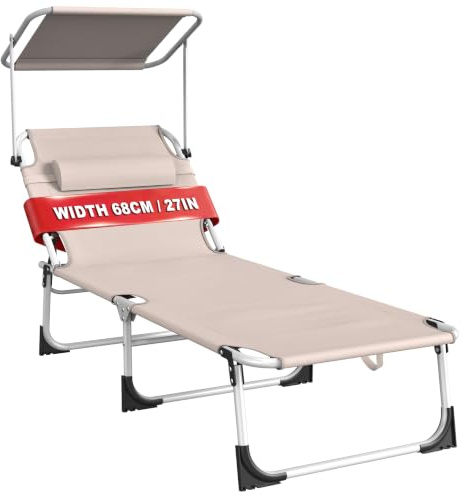 AufuN Sonnenliege Klappbar mit Dach und Seitentasche 195x68 cm Schwarz | Wetterfeste Gartenliege, stabile Strandliege, Sonnenschutz & verstellbare Rückenlehne, bis 100 kg, ideal für Terrasse Campin