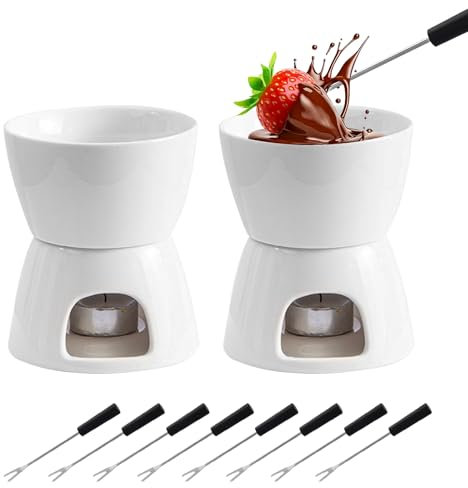 2er Set Fondueset Keramik Schokofondue Tasse mit Teelichthalter, Schokoladenfondue Tasse für Schokolade Käse Fondue Familienessen Nachtisch Picknicks Geburtstagsfeiern (Kerzen Nicht Enthalten)