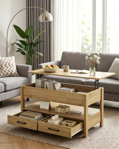 Amveya Couchtisch höhenverstellbar mit LED RGB, Wohnzimmertisch mit 2 Schubladen & offenem Fach, multifunktioneller Sofatisch aus Holz für Wohnzimmer, Schlafzimmer, Büro