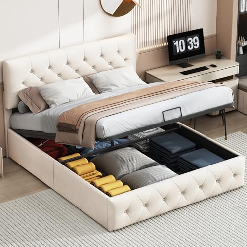 OLIVIBED Polsterbett Bett 160x200, Doppelbett mit Höhenverstellbares Kopfteil & Bettkasten, Stauraumbett mit Lattenrost, Jugendbett Bettgestell aus Holz, Samt, Beige, Ohne Matratze