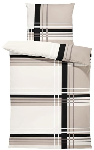 one-home Biber Bettwäsche 135x200 cm grafisch gestreift modern beige Winter Baumwolle