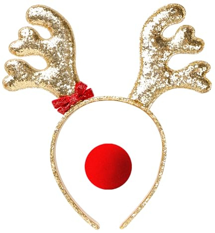 AgagaQx Rentier Haarreif Glitzer, Rentiergeweih Haarreif Karneval, Hirsch Geweih Haarreifen Elchgeweih Haarreif mit Roter Nase, Reh Ohren Fasching Kopfschmuck Damen für Rentier Kostüm Accessoires