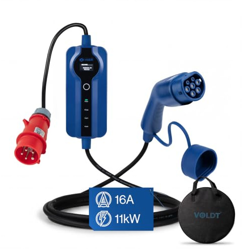 VOLDT Typ 2 Ladekabel 11KW EV-Ladegerät mit CEE-Stecker + APP, 8A - 16A dreiphasige Mobile Wallbox-Ladestation mit Display für Elektrofahrzeuge IP69, TÜV, CE geschützt tragbares Ladegerät (10 Length)