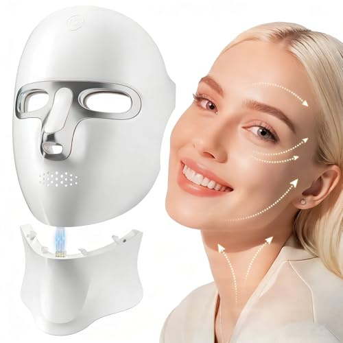 ONLUKY LED Maske Gesicht 7-Farben Anti-Aging mit Halsaufsatz,Silber | 7-Farben Rotlicht Maske Gesicht für Anti-Aging, 120 Leuchtdioden. USB-C kabellos, mit Halsaufsatz für Zuhause & Reisen.