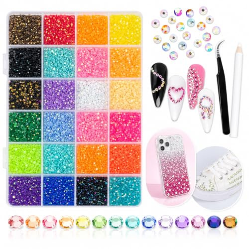 3mm Nail Rhinestones Kit, 24 Colors 24000pcs Nail Gems Crystals Set with Tweezers & Picker Pen, 3D Nail Art Decorations for Nails, Crafts, Clothes, Shoes, DIY Design
