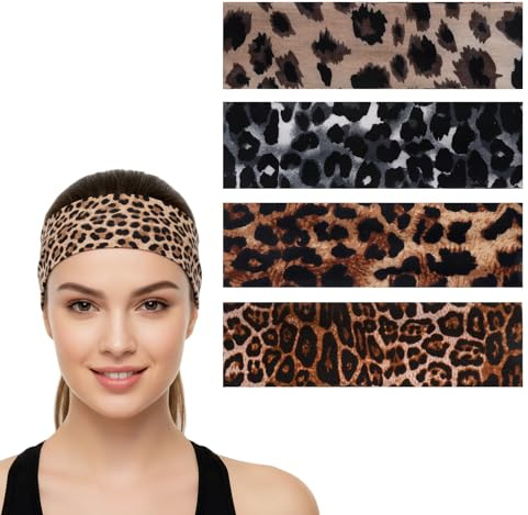 4 Pack Stirnband Damen Leopardmuster, Antirutsch Dehnbares Schweißband Stirn Haarbänder, Sport Haarband für Damen Herren, Yoga Fitness Sport Praktisches Joggen Zubehör