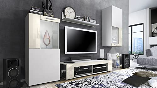Vladon Wohnwand Movie, Anbauwand bestehend aus 1 TV-Board, 2 Vitrinen und 1 Regal, Weiß matt/Weiß matt/Creme Hochglanz (Gesamt: 300 x 190 x 39 cm)