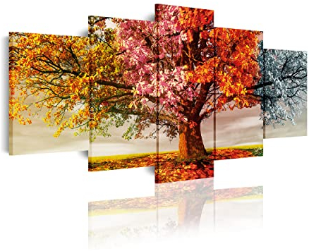 DekoArte 404 - Modernes Bild, digitalisierter Kunstdruck | Dekoratives Bild für den Salon oder das Schlafzimer |Stil Landschaft Bäume vier Jahreszeiten | 5 Teile 200 x 100 cm XXL