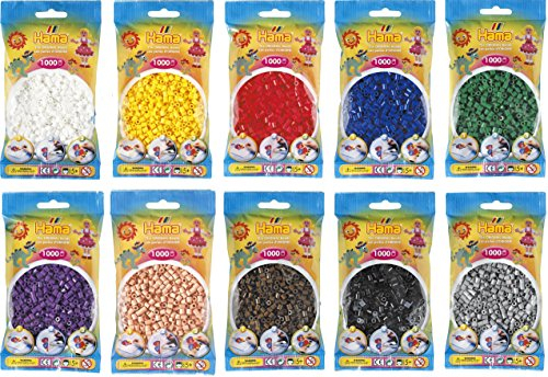 Hama Midi Bügelperlen (Kon-3) Konvulut 10 Farben (Weiß,Gelb,Rot,Lila,Grün,Blau,Braun,Schwarz,Grau,Hautfarben) + GRATIS 100 HPT Leuchtperlen in 6 Farben (Leuchtet im Dunkeln)