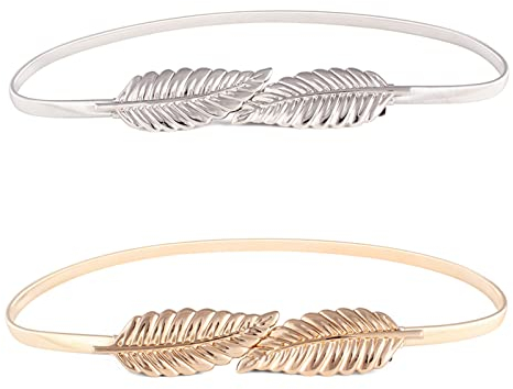 XLKJ Stück Stretchgürtel Damen Stretch,2 Stück Blattform Taille Gürtel,Angewendet Vintage Damen Dünner Metallgürtel Hüftgürtel Für Hochzeiten Valentinstag Familientreffen Weihnachtsfeiern Gold+Silber