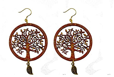 Boucles d'oreilles peintes à la main - L'ARBRE DE VIE DE KLIMT - Boucles d'oreilles pendantes pour femme, Bijoux en bois peint, Crochet en argent, Fabriqué en Italie, Bijoux décorés, Artisanat