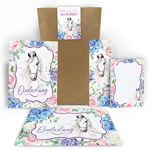 Junaversum 8 Einladungskarten zum Kindergeburtstag Mädchen Pferd Einladungen zum Geburtstag Kinder incl. 8 Umschläge, 8 Tüten, 8 Aufkleber, 8 Blöcke, 8 Lesezeichen
