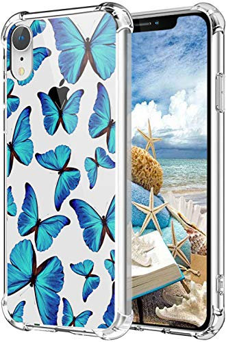 MAYCARI Blue Butterfly Case Clear for iPhone XR, Art Animals Transparent Shockproof Anti-Scratch Soft Flexible TPU Cover with Air Cushion for Men&Women