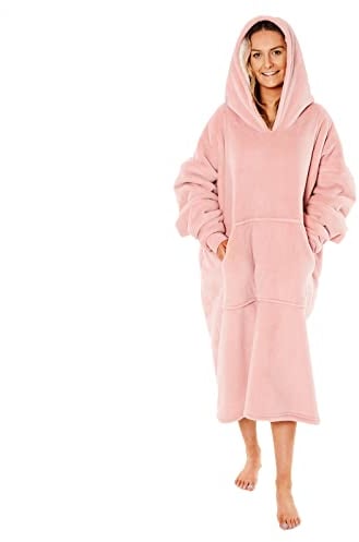 Sienna Extra Long Oversized Blanket Hoodie Wearable Throw with Pockets Sleeves Soft Sherpa Fleece Wearable Throw Giant Sweatshirt, Blush Pink