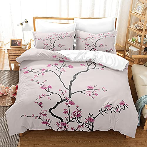 LUYAPOND Parure de Lit 90x190 Enfant Branche De Fleur Rose De Style Japonais Housse de Couette 90x190 avec Fermeture Éclair - Sets de Housse Couette en Microfibre, avec 1 Taie d'oreiller 65x65 cm