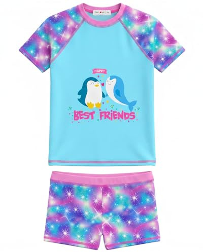 weVSwe Filles Deux Pièces Rash Guards Maillot De Bain Ensemble Fille À Manches Courtes Maillot De Bain Sunsuit Pingouin Baleine 5-6 Ans