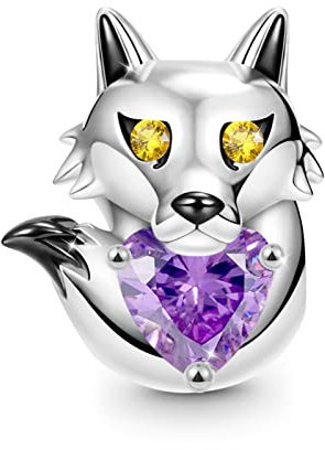 GNOCE Süße Tiere Umarmt Herz Charms Bead 925 Sterling Silber Edelstein Charm Schmuck Geschenk für Frauen Mädchen Tochter Fit Schlangenkette Armbänder/Halskette (Wolf)