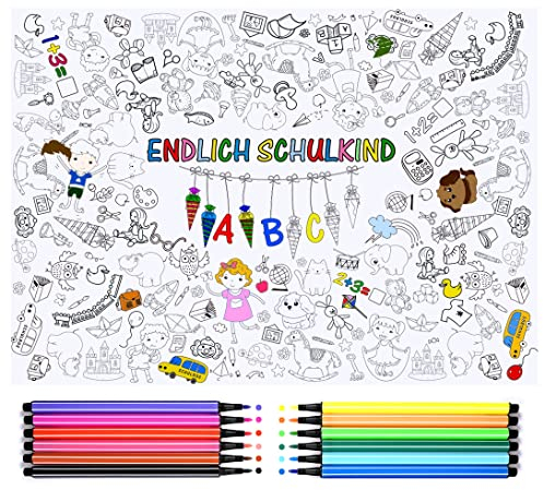 iZoeL Ausmaltischdecke Einschulung + 12 Farbstifte, Papier Tischdecke Ausmalen Schulanfang Schultüte Tiere Motiven, Schulanfang Geschenk Schultüte Füllung für Jungen Mädchen