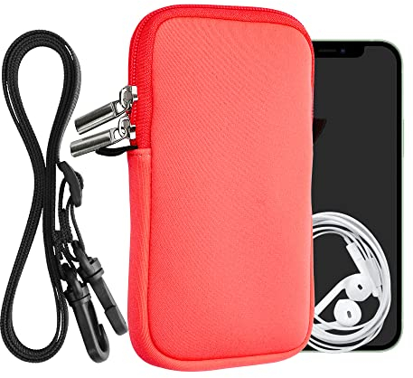 kwmobile Handytasche für Smartphones L - 6,5 - Neopren Handy Hülle Neon Koralle mit Kordel - Handy Tasche mit Handykette 16,5 x 8,9 cm Innenmaße