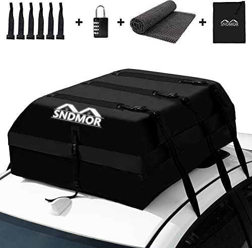 SNDMOR Dachboxen, 595L/21 Kubikfuß Wasserdichtes Dachgepäck, Dachgepäcktransporttasche, Passend für Alle Fahrzeuge Mit/Ohne Gepäckträger, Inklusive Antirutschmatte + 6 Verstärkungsgurte + 6 Türhaken