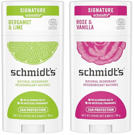 Schmidt's Déodorant d'Origine Naturelle Stick Rose et Vanille Efficacité 24h Certifié Vegan 75g + Déodorant Stick Signature Bergamote et Citron Vert,Testé Dermatologiquement, 75g