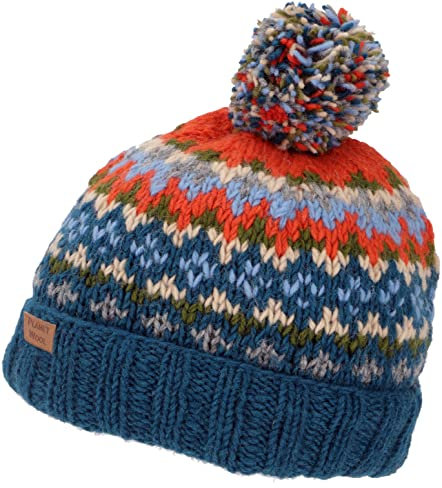 GURU SHOP Bommelmütze aus Nepal, Mütze aus Schurwolle, Wintermütze - Petrol/orange, Herren/Damen, Synthetisch