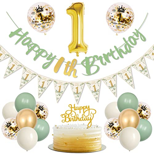 1 Geburtstagsdeko Junge Mädchen, Geburtstagsdeko 1 jahr, 1st Geburtstagsdeko Grün Gold mit Avocado Grün Luftballons, Wild One Geburtstagsdeko, Happy Birthday Banner für Kinder Deko