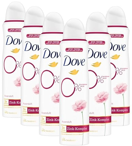 Dove Deodorant-Spray Rosenduft Deo mit pflegendem Zink-Komplex und 0% Aluminiumsalzen 150 ml 6 Stück