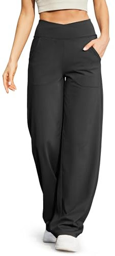 G4Free Yogahose Damen Lang Weite Jogginghose Hohe Taille Crossover Elegant Straighthose Bauchkontrolle Schlaghose Sporthose mit Taschen(Schwarz,L,33)