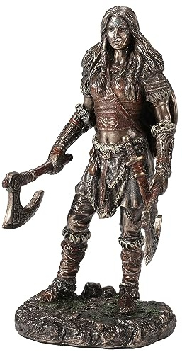 Veronese Design 6 1/8 Viking Twin Axes Berserker Female Resin Sculpture Cold Cast Bronze Finish