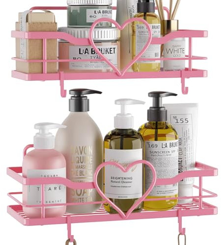 FLCITY Organizador de ducha rosa con 4 ganchos extraíbles, paquete de 2 estantes de ducha de corazón dulce, estante organizador adhesivo sin taladrar para baño, ducha, cocina, dormitorio