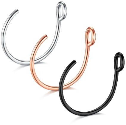 VF VFUN 3 Pcs 20G Faux Piercing Nez Acier Chirurgical Faux Anneau Nez Non Percé Nez Cerceau Bijoux pour Femmes Hommes Or Rose & Argent & Noir