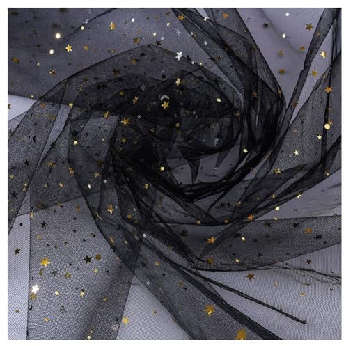 Hrlace Tissu en tulle à paillettes - Longueur 2 m - 150 cm de large - Motif étoiles, lune et paillettes - Pour bricolage, couture, vêtements, tutu, jupes, mariage, fête, décoration - Noir - 200 x 150