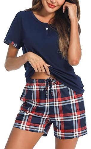 Irdcomps Pyjama Femme Coton Ete Ensembles de Pyjama Court Ensemble Pyjamas T-Shirt de Nuit Manche Courtes Vêtements de Nuit patanlon de Pyjama à Carreaux Vêtements de Détente Bleu Marine S