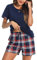 Irdcomps Pyjama Femme Coton Ete Ensembles de Pyjama Court Ensemble Pyjamas T-Shirt de Nuit Manche Courtes Vêtements de Nuit patanlon de Pyjama à Carreaux Vêtements de Détente Bleu Marine S