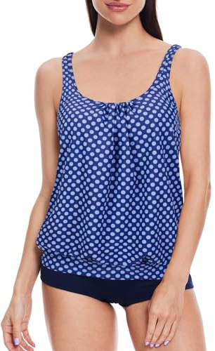 loginsummer Maillot de Bain Femme 2 Pieces, Ensembles de Tankini pour Femme Grande Taille, Tankini Taille Haute avec Short de Garçon, Maillot de Bain Gainant Le Ventre（Points Bleus,EU42）