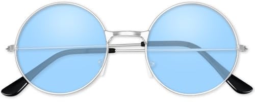 BOUBONI Hippie Sonnenbrille 70er Jahre Runde Hippie Brille Party Deko Sonnenbrille für Damen mit farbigem Brillenputztuch (Klares Blau)