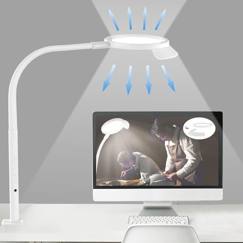 YOOWARM 75CM LED Desk Lamp with clamp, 21CM Ring Lights Natural Protects Eyes Dimmable Office Lamp with 25 Lighting & 1500lum, Touch Control and Memory Function, Monitor, Study,Work,Nail | White