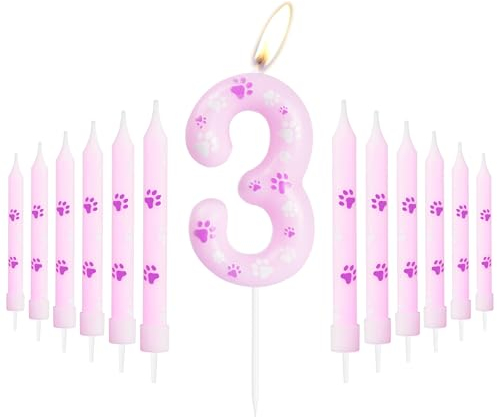Kerzen 3rd Geburtstag mit Rosa Hundepfoten, Rosa Hundepfoten Geburtstag Zahl 3 Kerzen für Kuchen, Jungen Mädchen 3rd Geburtstagskuchendekorationen, Rosa Hundepfoten Thema Party für Jungen und Mädchen