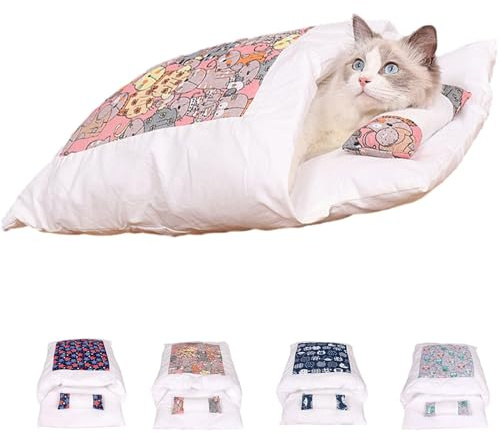 Orthopaedic Cat Sleeping Bag, The Soft and Warm Sleeping Bag for Cats, Cat Sleeping Bag, Removable and Washable Cat Cushion, Safety Feeling Pet Bed (Pink cat, M (within 3-10 pounds))