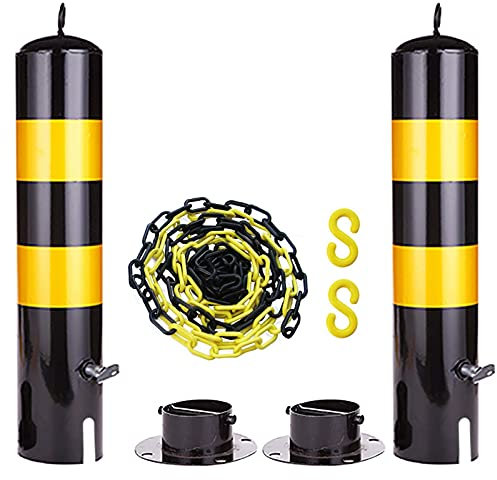 2 Stück Sicherheitsstange und Absperrkette, 5 m Set, Metallpfosten und Kunststoffkette, Parkplatzsperren mit Aufhängering und beweglicher Basis