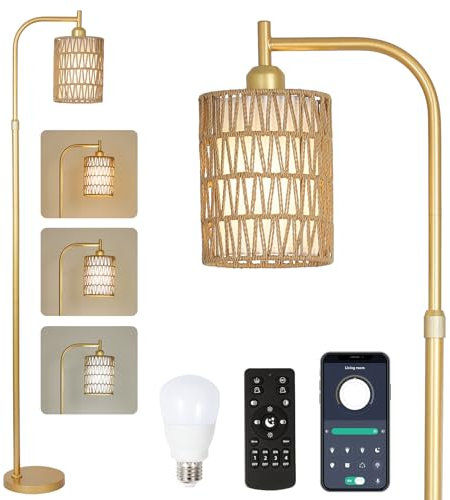 Rayofly Dimmbare Stehlampe Wohnzimmer, Gold Rattan Stehlampe mit Fernbedienung, App-Steuerung, Boho Stehleuchte mit Rattan & Leinen Lampenschirm, Modern Standleuchte für Schlafzimmer, Höhenverstellbar