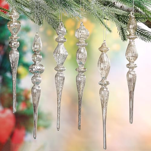 Yousoontic 6 Pcs 11 Inch Mercury Glass Ornaments Finial Christmas Ornaments Large Drop Ornament Assorted Vintage Christmas Decor for Xmas Tree Party Decorations(Silver)