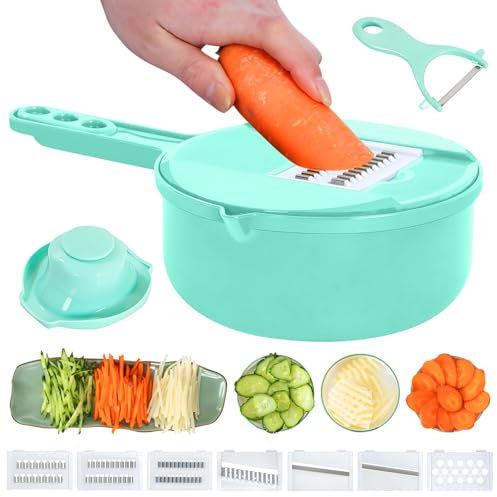 Multifunction mandoline slicer;vegetable chopper;vegetable slicer;food slicer;food chopper;chopper container;onion chopper;mandoline food slicer;vegetable cutter;chopping artifact (green, 9 in 1)