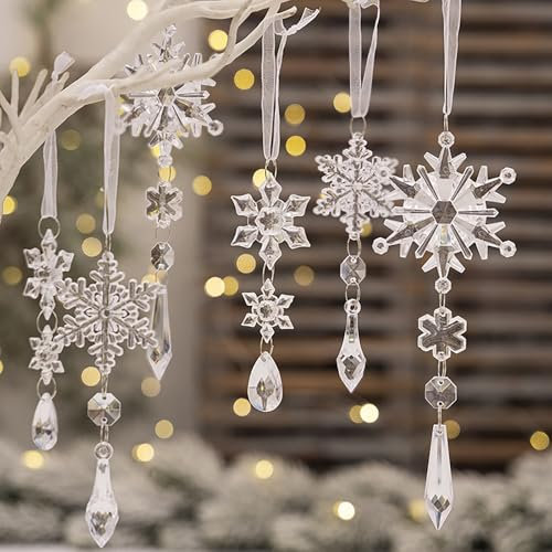 6 piezas copos de nieve de cristal transparente adornos para árbol de Navidad, colgantes de estalactitas de acrílico adornos de copos de árbol de Navidad, decoración navideña
